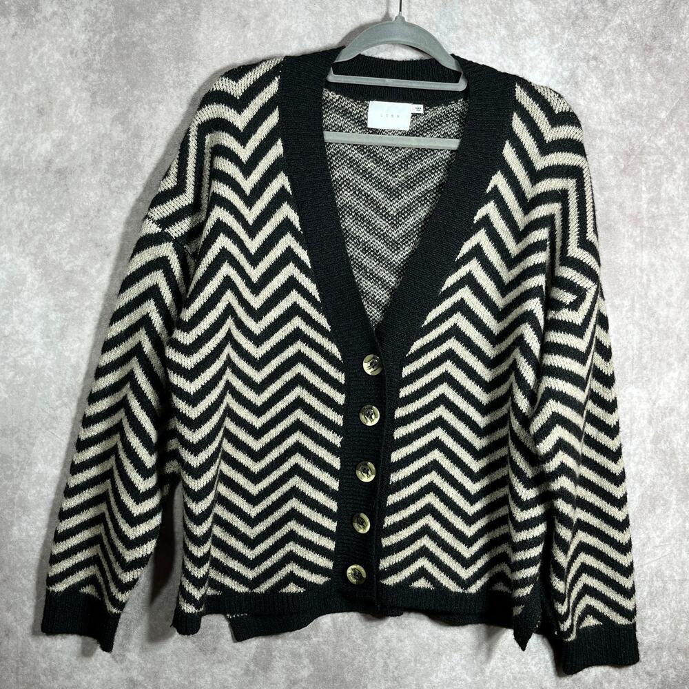 LUSH‎ Cardigan Sweater Womens Large Black Oatmeal Chevron Knit Button Front